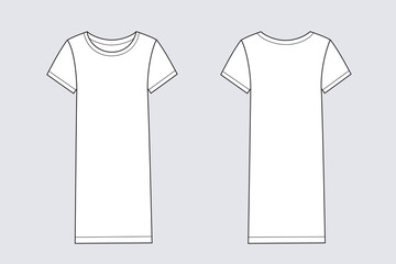 Female dress vector template isolated on a grey background. Front and back view. Outline fashion technical sketch of clothes model