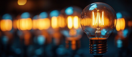 Glowing Edison bulb close-up, blurred background; ideas, innovation concept