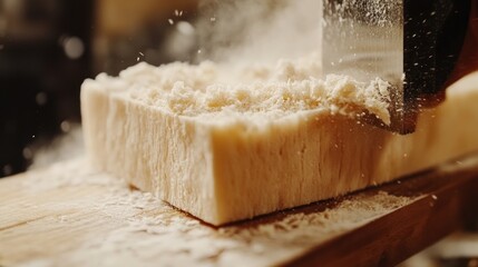 Naklejka premium Chef slicing dough block, kitchen, flour dust, baking