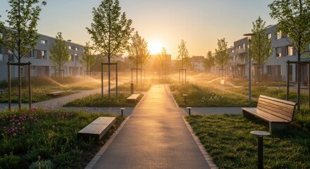 Obraz premium Serene sunrise in modern residential courtyard with trees and benches