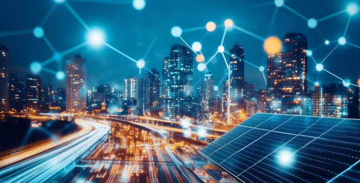 A vibrant city skyline glows under the night sky, showcasing solar panels in the foreground. Energy-efficient technology illuminates busy streets, symbolizing a commitment to sustainable ecology.