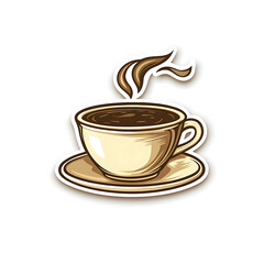 Coffee cup sticker with steam and saucer on a white background
