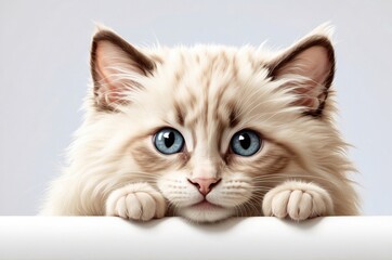 Cute adorable domestic curious cat kitten animal with its paws peeking over a white surface, photorealistic illustration on isolated background texture design.
