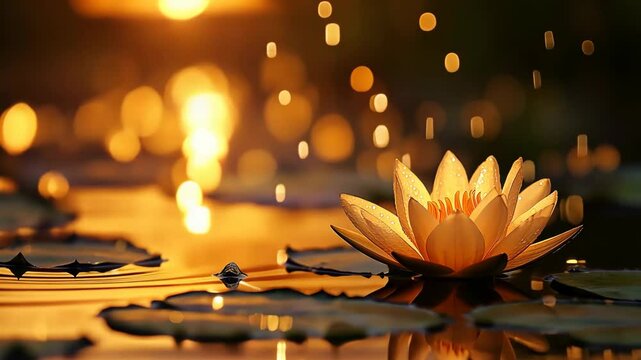 A serene image of golden lotus-shaped candles floating on water, symbolizing peace, spirituality, meditation, and harmony in a tranquil setting. . High quality 4k footage