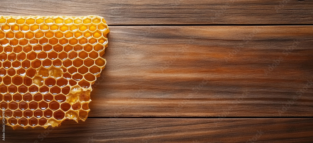 Poster golden honey flows from a piece of honeycomb, creating attractive splashes on a smooth wooden surfac