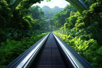 Fototapeta premium Train tracks cutting through lush jungle nature landscape serene environment perspective adventure awaits