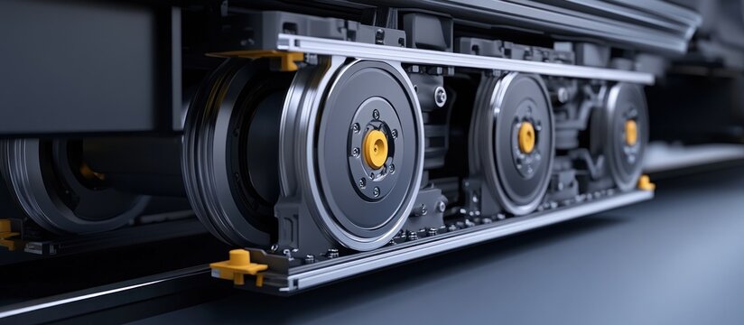 High-speed train bogie closeup, trackside, motion blur