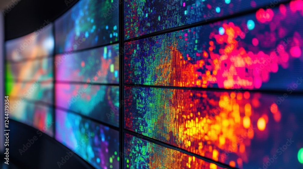 Poster curved video wall displaying colorful abstract data visualization with pixels creating complex patte