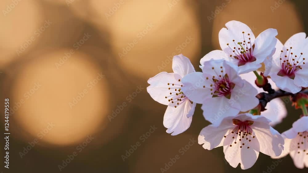 Poster pink cherry blossoms gently sway in slow motion against a blurred background of warm sunset light, c