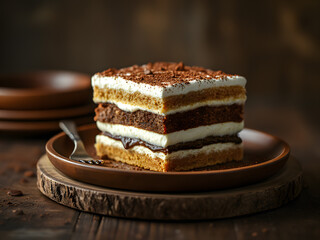 Layered tiramisu cake on a wooden plate is perfect for food blogs, restaurant menus, recipe books, and social media posts. Delightful treat
