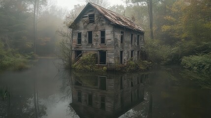Fototapeta premium Abandoned House Submerged in Flood Waters with Eerie Reflections