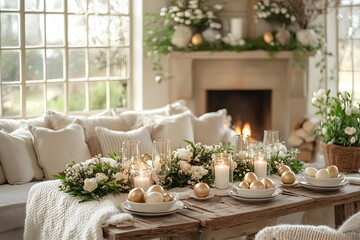 Cozy Easter Living Room with Candles, Golden Eggs, Floral Wreath, and Soft Pastel Decor by the Fireplace
