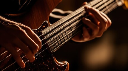 Close-up bassist playing, dimly lit stage, music concert
