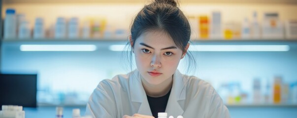 Pharmacist examining pills in pharmacy