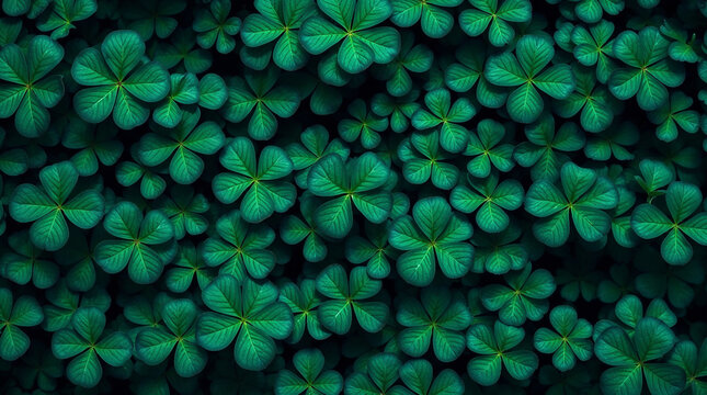 Green clovers for Saint Patrick's Day background. Wallpaper with shamrocks in forest