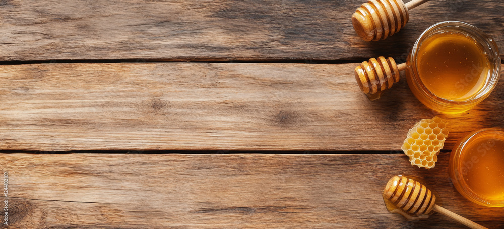 Poster organic honey in jars sits on a rustic wooden surface alongside honeycomb and honey dipper sticks. t