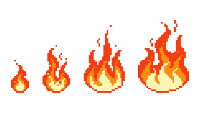 Burning pixel fire ignition. Small red bonfire turning into fiery hell consequences of explosion blazing with raging vector flame.