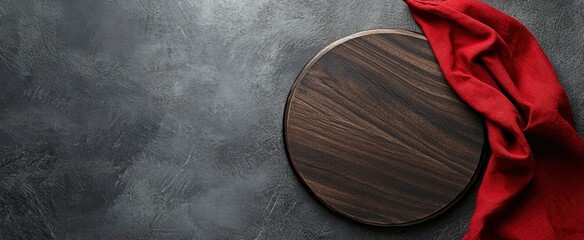 Obraz premium Dark grey background with an empty wooden round pizza board and a red napkin on top view, flat lay, banner mock-up for a menu or restaurant advertising concept. 
