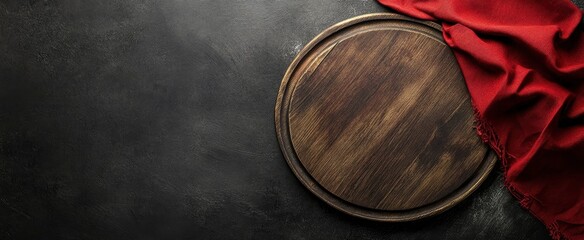 Obraz premium Dark grey background with an empty wooden round pizza board and a red napkin on top view, flat lay, banner mock-up for a menu or restaurant advertising concept. 