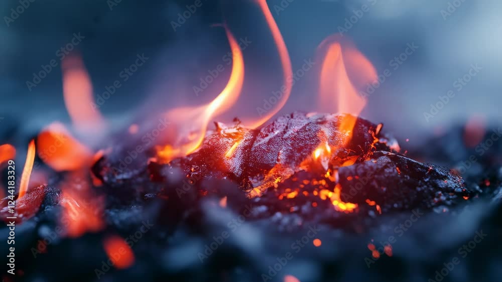 Poster smoldering embers glow with intense heat, emitting flickering flames and sparks against a blurred ba