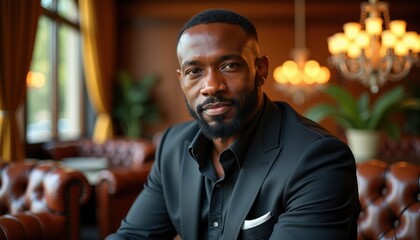 Fototapeta premium A portrait of a confident African American man in a black suit, sitting in a stylish lounge with warm lighting, representing success, elegance, and empowerment. 