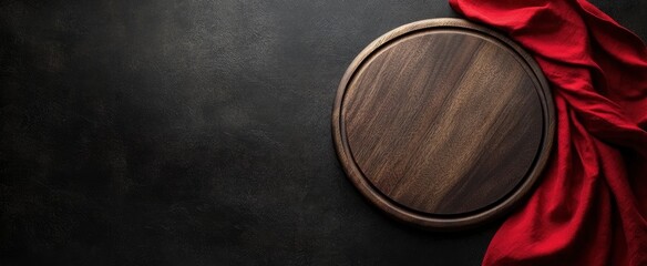 Obraz premium Dark grey background with an empty wooden round pizza board and a red napkin on top view, flat lay, banner mock-up for a menu or restaurant advertising concept. 
