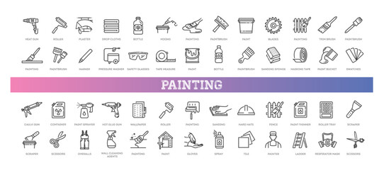 Set of outline painting decorating icons.