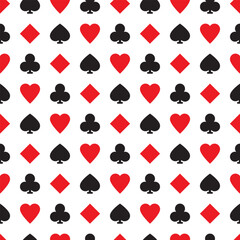 Playing cards pips seamless vector pattern. Diamonds, hearts, clubs and spades illustration background.