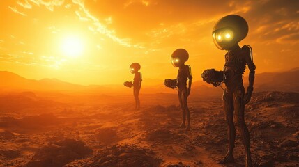 Fototapeta premium Alien Tourists Capturing a Desert Selfie with Futuristic Devices, Surreal Sci-Fi Scene for Modern Storytelling