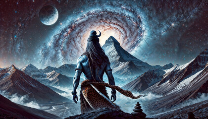 Lord Shiva standing on a mountain peak, gazing at a swirling galaxy above a snow-covered Himalayan landscape.