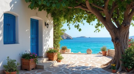 Fototapeta premium Picturesque Mediterranean House Overlooking Clear Blue Sea with Lush Trees and Flowers