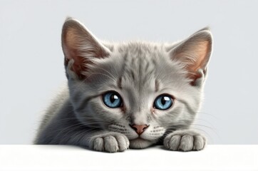 Obraz premium Cute adorable domestic curious cat kitten animal with its paws peeking over a white surface, photorealistic illustration on isolated background texture design. 