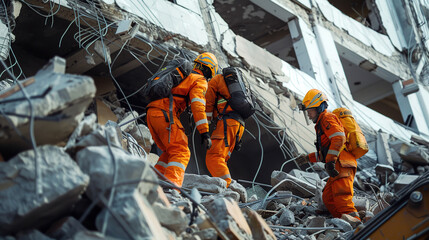 A team of rescuers helps clear the rubble after an earthquake. Rescuers search for people under the rubble.