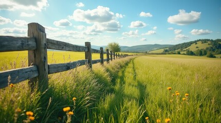 Fototapeta premium Scenic Wooden Fence Stretching Across a Vibrant Green Meadow Under a Sunny Sky