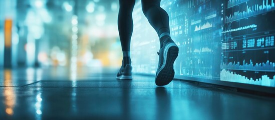 Runner's legs, city night, data wall, future tech