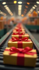 Naklejka premium Festive Gift Boxes with Red Ribbons on Conveyor Belt