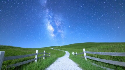 Milky Way over grassy hill, winding path, night