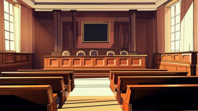 An empty courtroom featuring wooden benches, a judges seat, and legal decor, symbolizing justice, law, and the judicial process. . High quality 4k footage