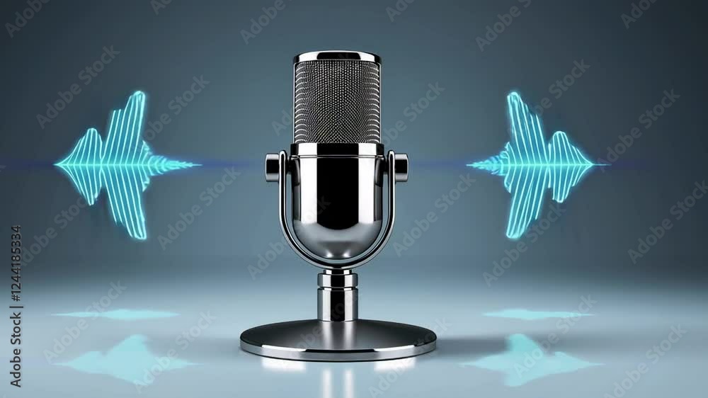 Aufkleber Sound waves are visualized as glowing lines emanating from a stylish chrome microphone on a reflective surface, illustrating audio recording or broadcasting in slow motion