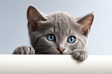 Obraz premium Cute adorable domestic curious cat kitten animal with its paws peeking over a white surface, photorealistic illustration on isolated background texture design. 