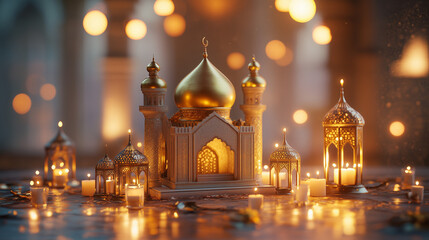 Obraz premium Elegant Ramadan mini mosque with gold domes and lanterns