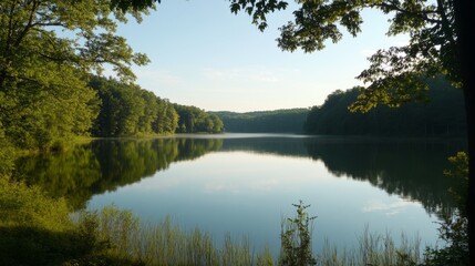 Fototapeta premium Serene lake reflecting trees at dawn, peaceful landscape