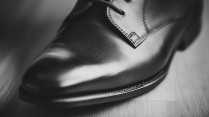 Polished black leather shoe, close-up, indoors, wooden floor