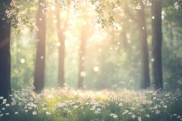 Obraz premium Beautiful Blurred Spring Background with Blooming Glade and Soft Sunlight Streaming Through Trees