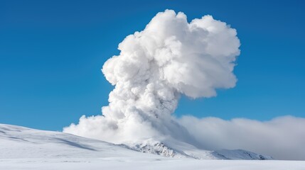 Volcanic eruption, snowy landscape, winter, ash plume