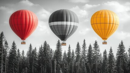 Three hot air balloons soar above a pine forest
