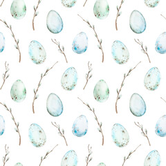 Easter seamless pattern with eggs and pussy willow branches on a white background. Ornament hand-drawn with watercolor. For textile design, wrapping paper, fabric and labels