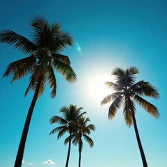 Tall coconut palms silhouette against a blazing sun and azure sky , exotic, image