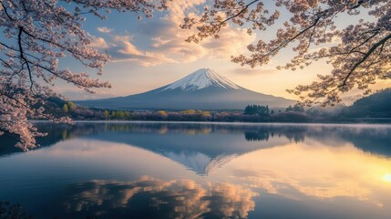 Breathtaking Mount Fuji Over Serene Lake Surrounded by Vibrant Flowers and Lush Trees, Iconic Japanese Landscape for Travel Campaigns