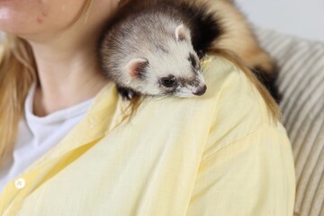 Woman with cute ferret, closeup. Domestic pet
